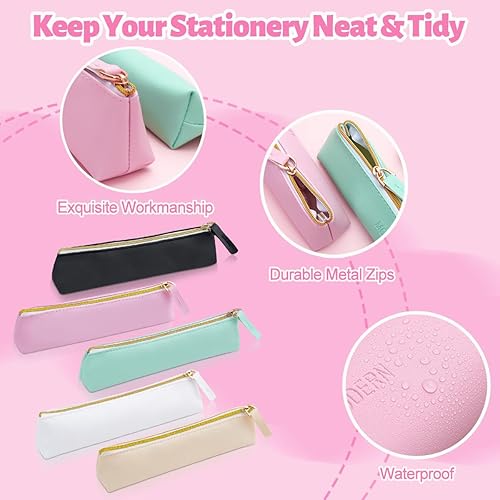 Miniatura 4 de TIE-DailyNec Estuche de cuero para lápices, bolsa de almacenamiento delgada y bonita con cremallera, bolsa de maquillaje portátil para lápices,