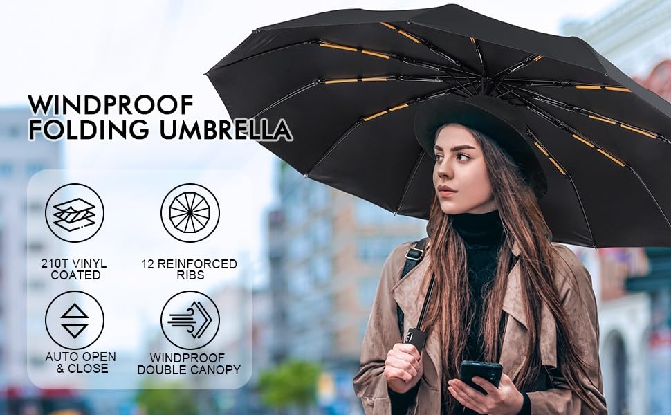 Image of Alexvyan 12 Ribs Car Large Travel Auto Open /Close Umbrella Windproof for Rain & Sun UV Protection, Strong Umbrella for Men & Women, Wind Resistant, Portable Folding Umbrellas for Backpack