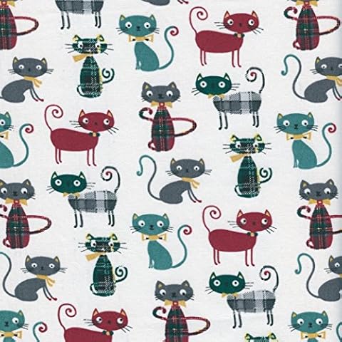 Meow! Miaow! Cat fabric - Claret Violet, Peppermint Green, Iron Grey and three chic Tartans on Off White base cloth | 100% Cotton Designer Print | 160cm (63”) wide | Per half metre length increment* Cover