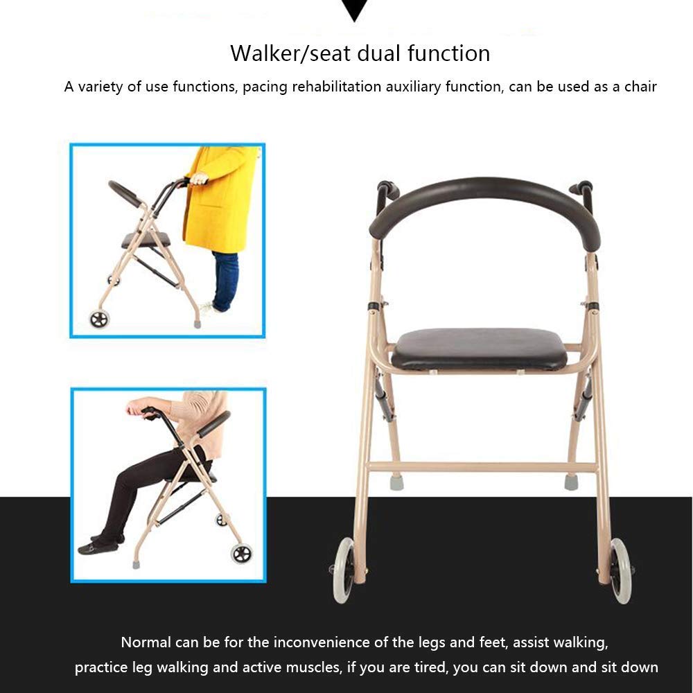 Leichter Gehrahmen, klappbarer Rollator mit Sitz Aluminium-Rollator Höhenverstellbarer gepolsterter Sitz mit 5-Zoll-Rad (Gold)