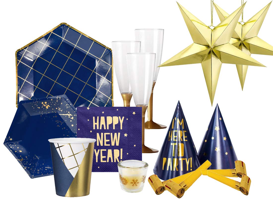 P&D Set Addobbi Capodanno Navy Blue Gold Allestimento Veglione Cenone Happy New Year