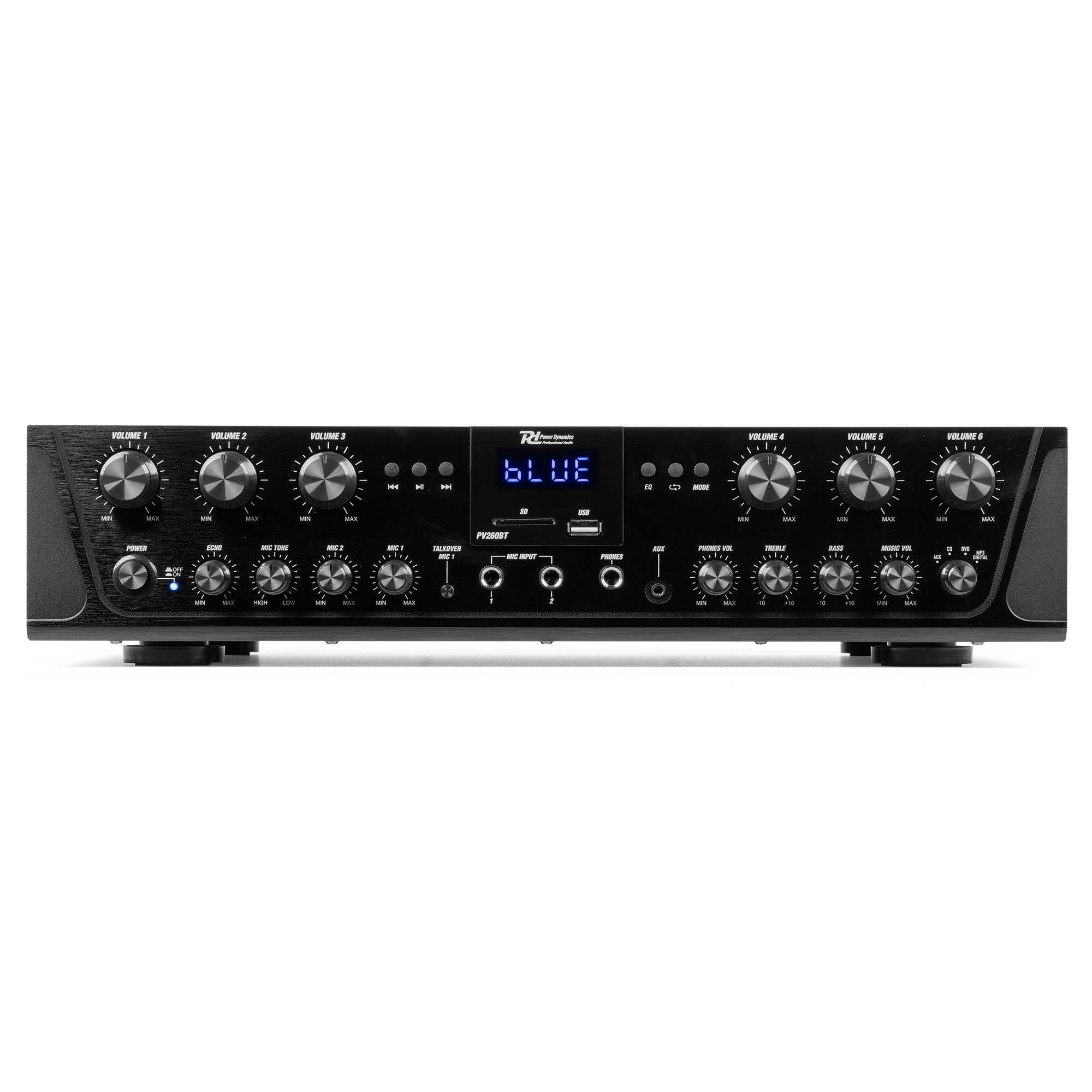 Power Dynamics Pack Sistema de Sonido 6 Zonas con Amplificador Bluetooth 600W, 12 Altavoces Blancos IPX5, MP3, Radio FM, 6 Salidas Independientes y Mando, Ideal para Hogar, Oficinas y Negocios
