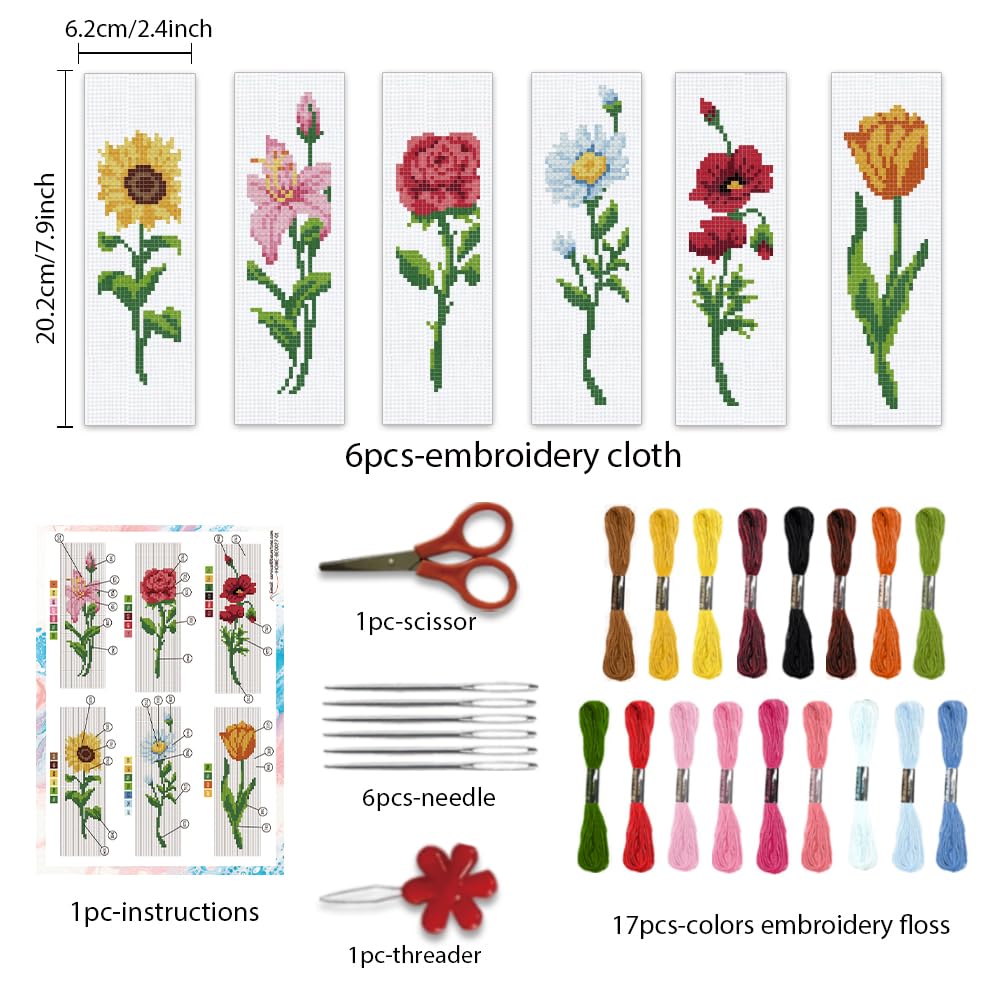 BEUNITONE 6 Pcs Flower Bookmark Cross Stitch Kits DIY Stamped Embroidery Bookmark Kit for Adults Beginner with Instructions Vivid Floral Cross Stitch Kits for DIY Crafts Book Lovers Gifts 2.4x8 in