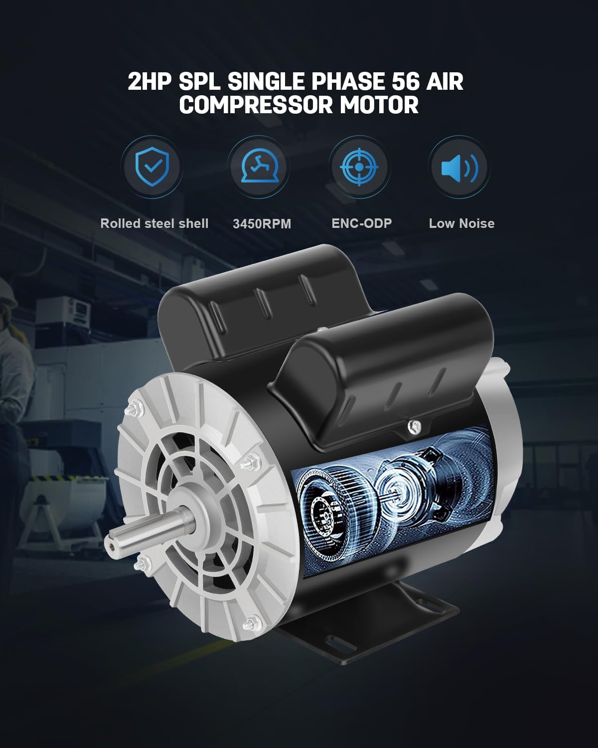Motor eléctrico de compresor de aire, 2HP SPL 3450 RPM, 115/230V monofásico, 56 marcos 5/8 eje con llave 60 Hz, rotación CCW de servicio comercial, longitud de eje de 1.88 para compresores de aire