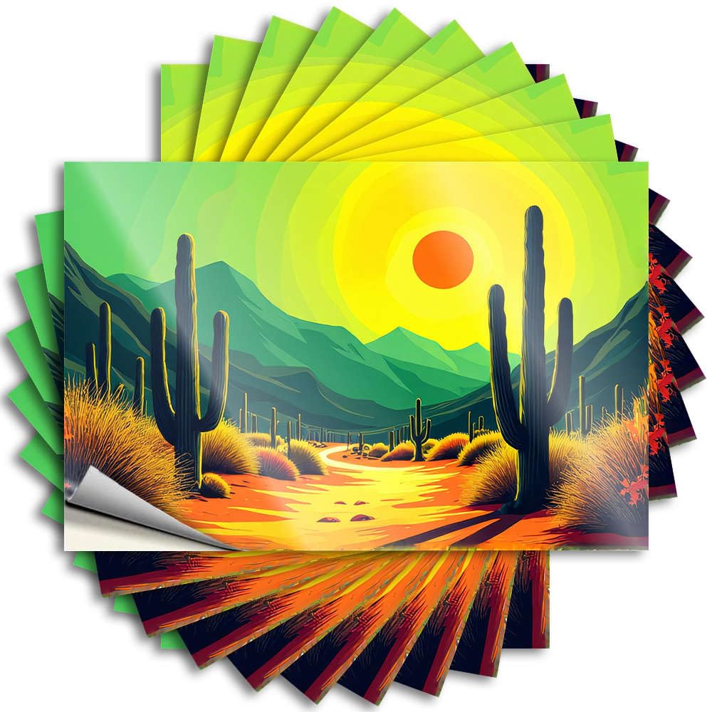 Desert Landscape with Cacti and Vibrant Sunset Fire Tattoo | Emo Room Decor Waterproof Vinyl Bottle Military Removable Decal Peel Stick(8X12CM)