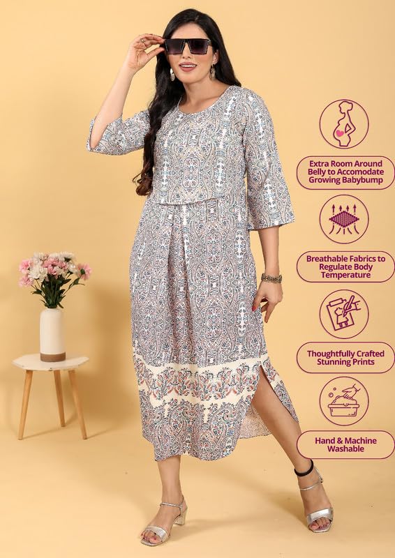 Image of RITIJYA Zipless Feeding Kurtis & Dresses for Women | Zipless Maternity Wear Gown Pregnancy Dress for Nursing Mothers | Viscose Rayon | Stylish & Comfortable | S to 4XL | Washable & Durable