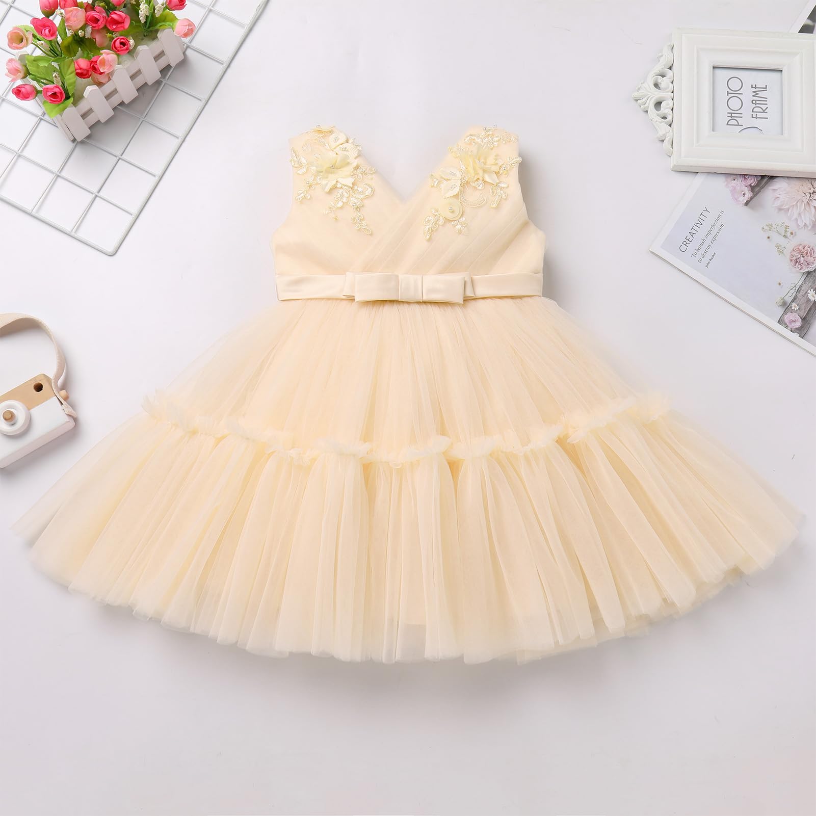 IBTOM CASTLE Blumenmädchenkleider für Hochzeit, ärmellos, V-Ausschnitt, plissiert, Prinzessin, Rüschen, Tüll, Tutu-Kleid, Geburtstagsparty-Kleid