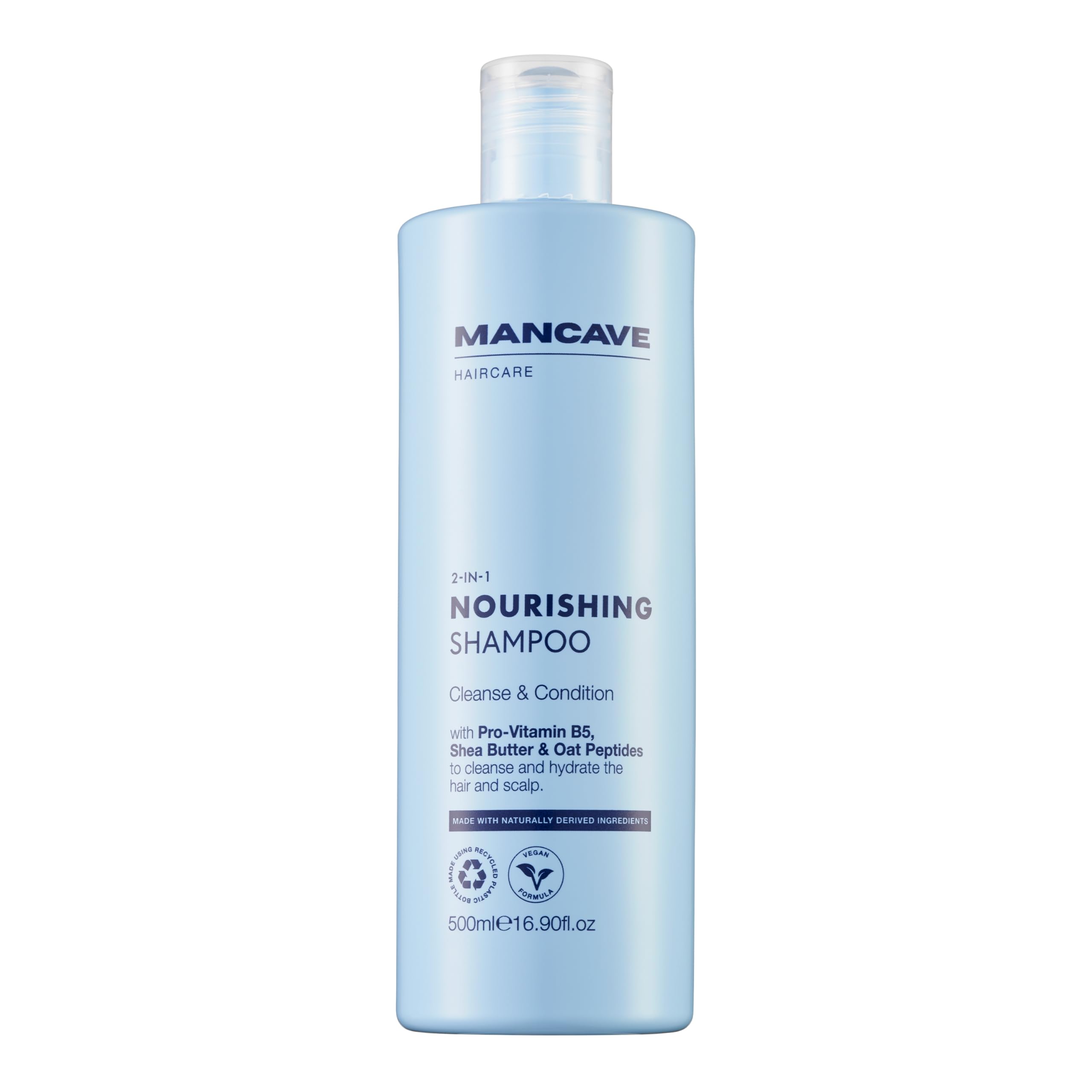 ManCave Nourishing 2-in-1 Shampoo 500ml, Strengthens & Hydrates Hair, Argan Oil & Oat Peptides, Fights against Dandruff and conditions scalp, Gentle Cleanse with Panthenol, Shea Butter, Made in UK