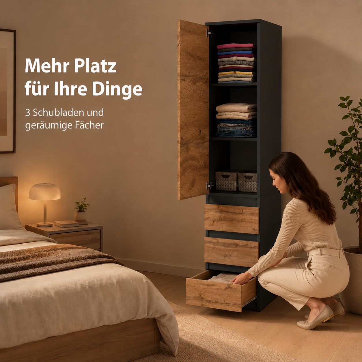 ELVA Kleiderschrank 40 cm breit – Modularer Mehrzweckschrank Anthrazit / Wotan Eiche – Grifflos Design Hochschrank mit Schubladen & Türen – Schmaler Vorratsschrank für Schlafzimmer, Flur & Büro