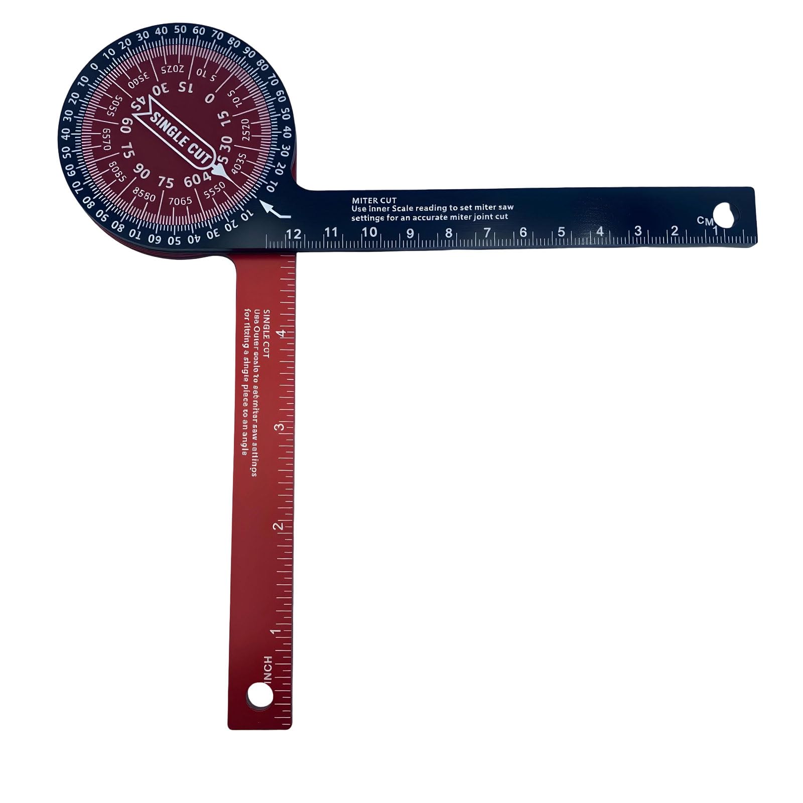 Miter Saw Protractor, Aluminium Angle Finder with 360° Rotating Arm, Dual-Scale for Single & Miter Cut, Laser-Engraved Markings, Angle Gauge for Woodworking Crown Moulding Pipe Measuring (red)