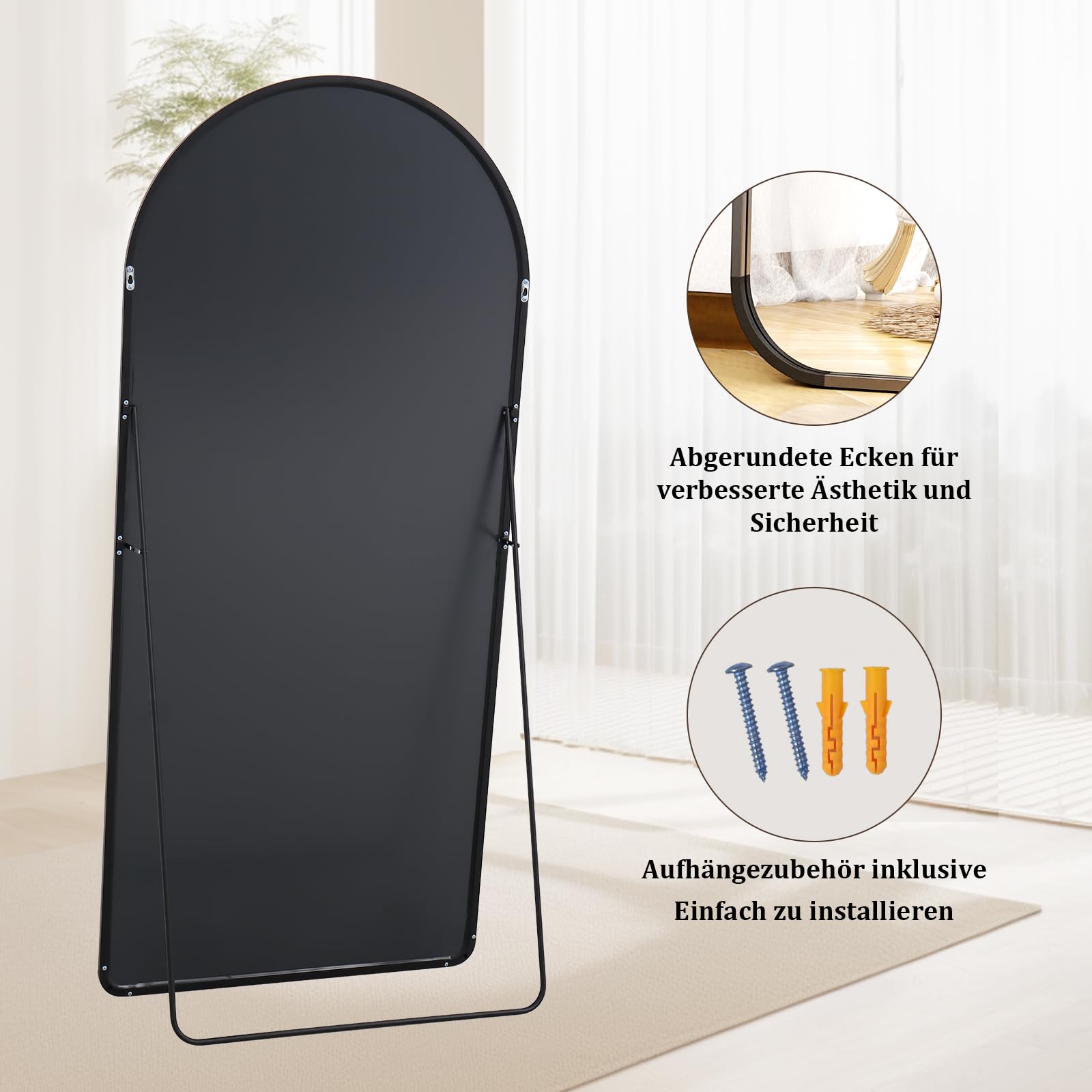 BEAUTYPEAK 171x76 cm Espejo de cuerpo completo curvo con esquinas redondas, espejo grande de pie, para colgar o inclinar, espejo de suelo, negro