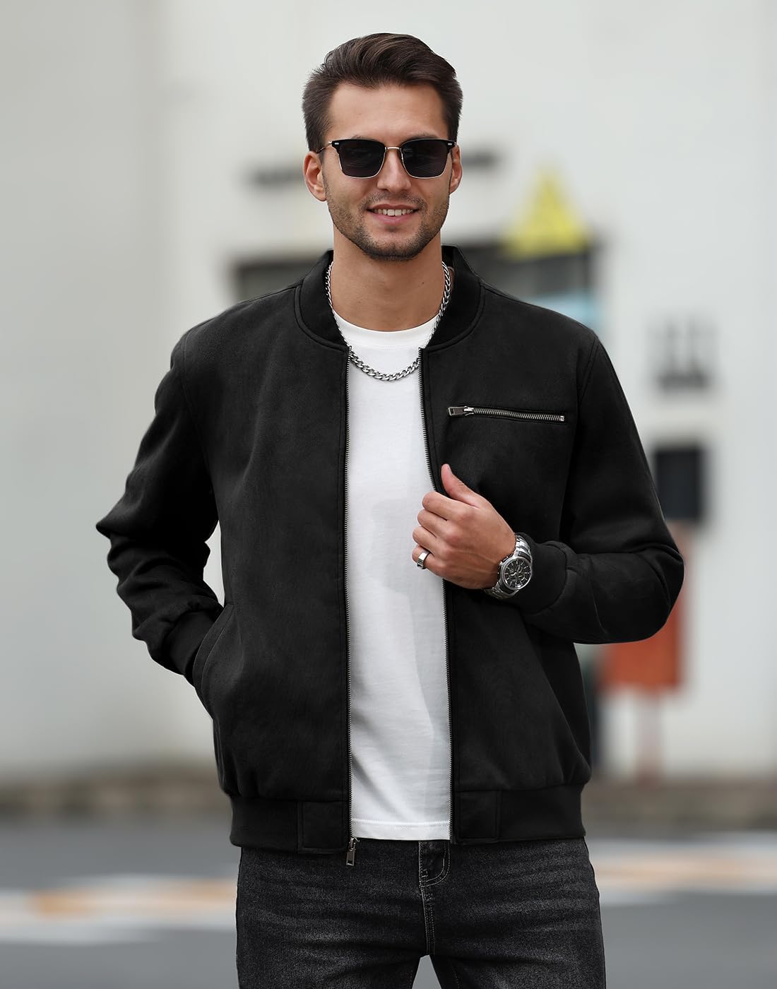 Men's Suede Bomber Jacket Casual Lightweight Vintage Jacket Varsity Coat - Image 2