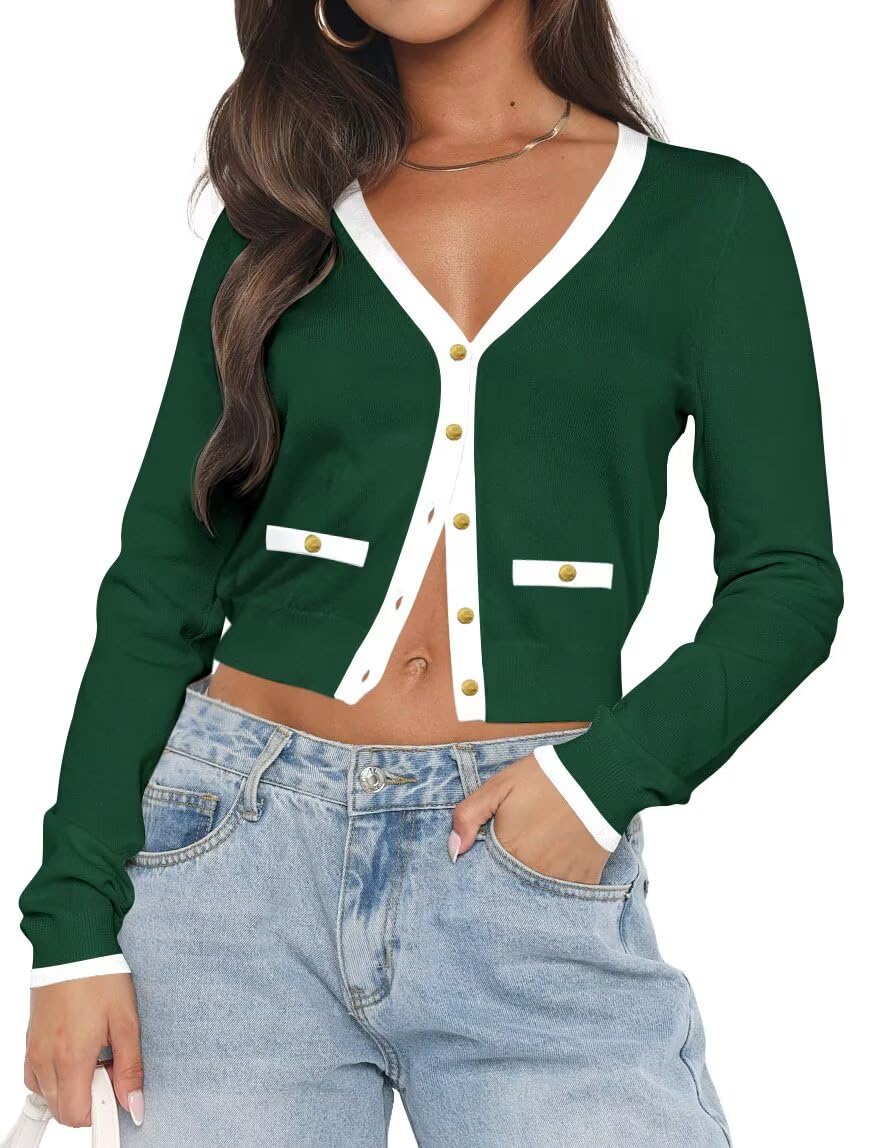 LEEDYA Womens Long Sleeve Cardigan Open Front Knit Cropped Sweaters Fall Color Block Button Down V Neck Lightweight