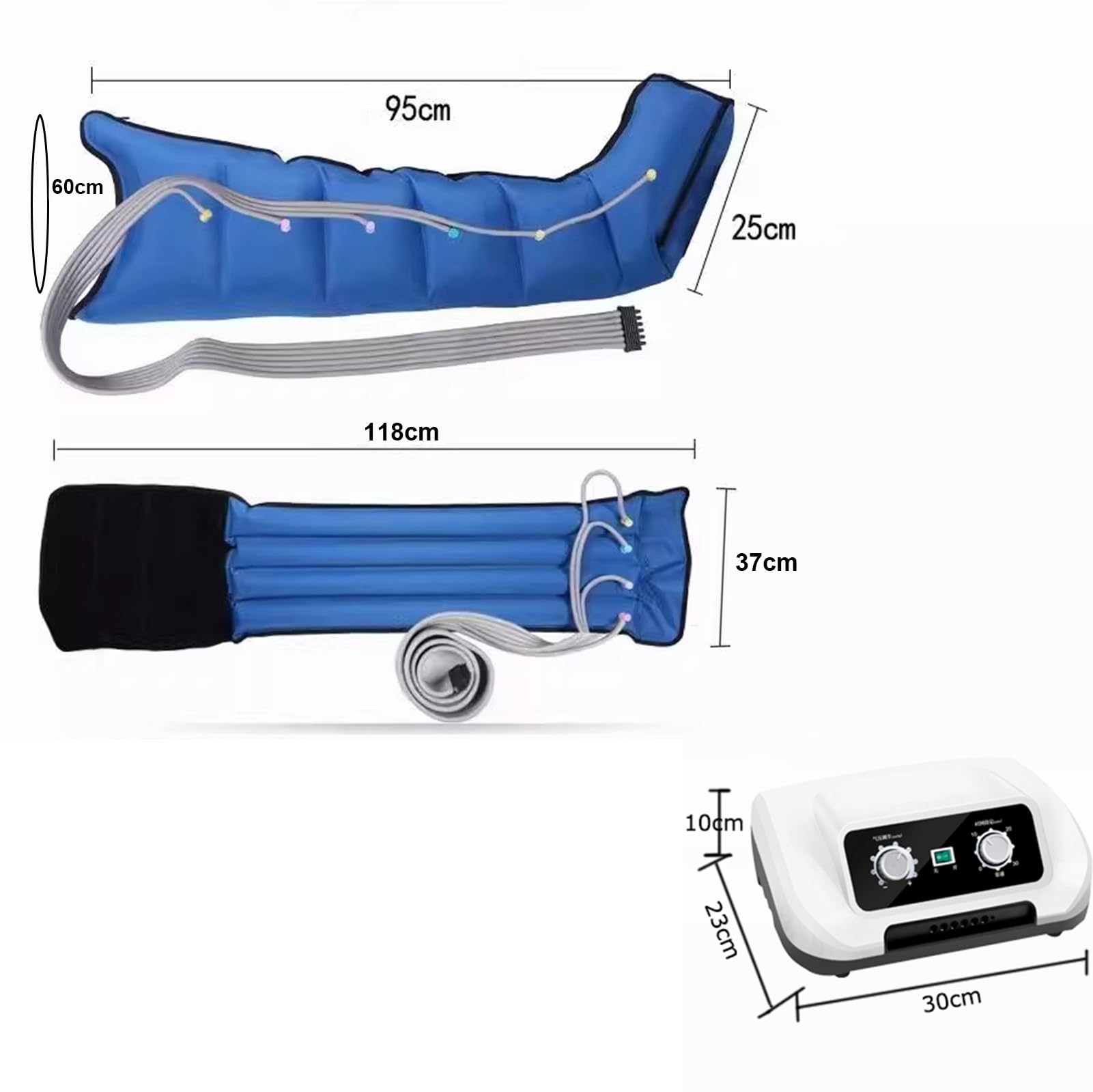 Botas de Presoterapia Piernas para Casa 6 Cámaras, Azul M | Botas de Presoterapia, Drenaje Linfático, Circulación, 0-30 Min, 30-240 mmHg Ajustables, 2 Piernas + Abdomen