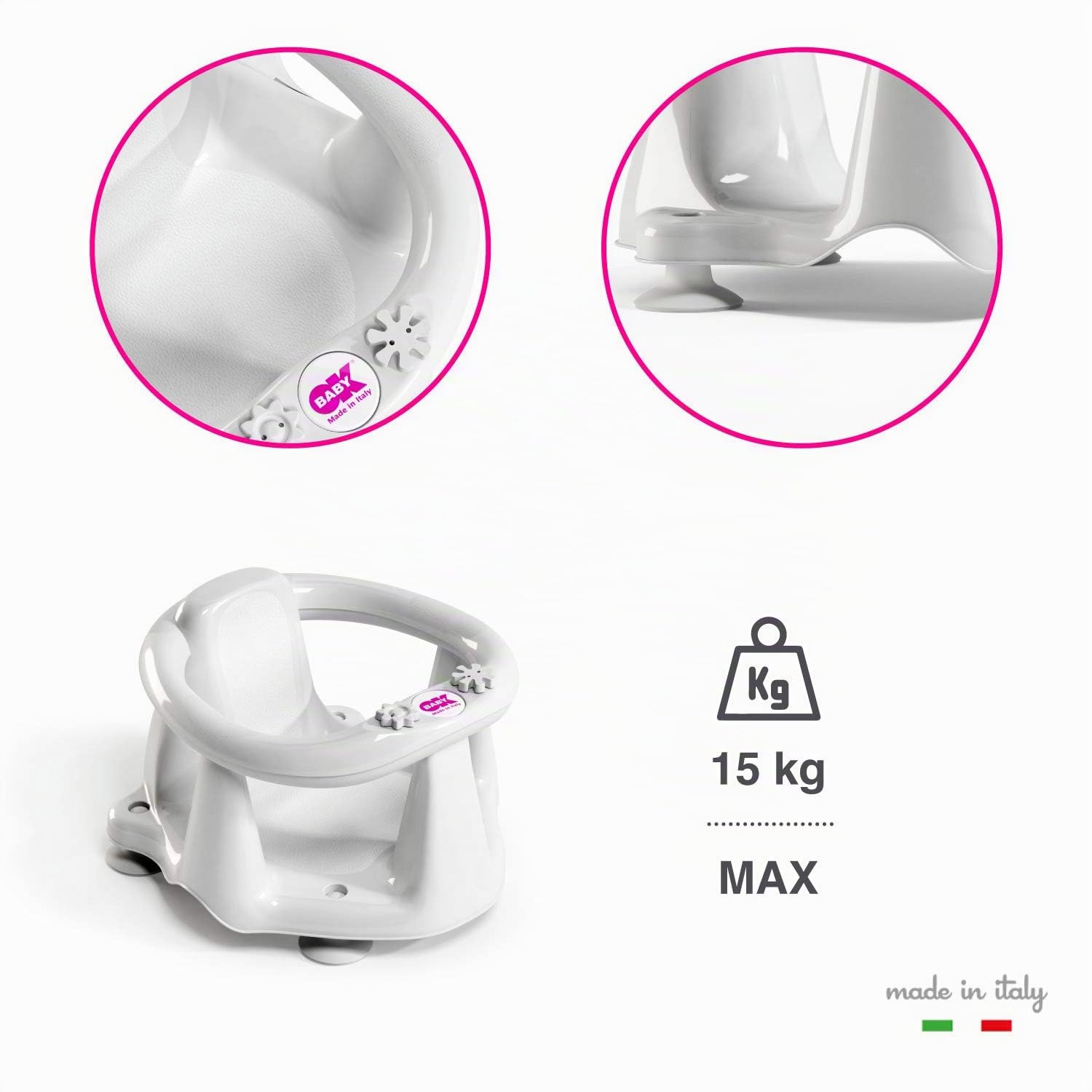 OKBABY Flipper Evolution Seggiolino da Bagno Anello con Seduta in Gomma Antiscivolo per il Bagnetto del Neonato, 6-15 Mesi (13 kg), Rosa