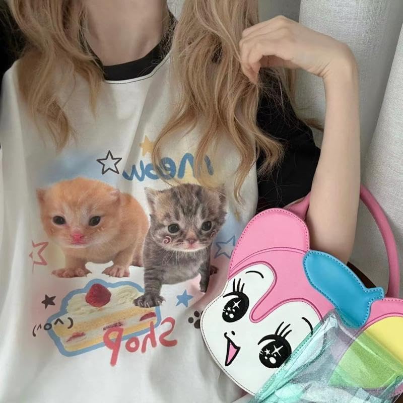 Women's Kawaii Cat Print T-Shirts Cartoon Letter Japan Style Kitten Short Sleeve Cute Print Tops Sweet Girl Y2k Tee Tops - Image 5