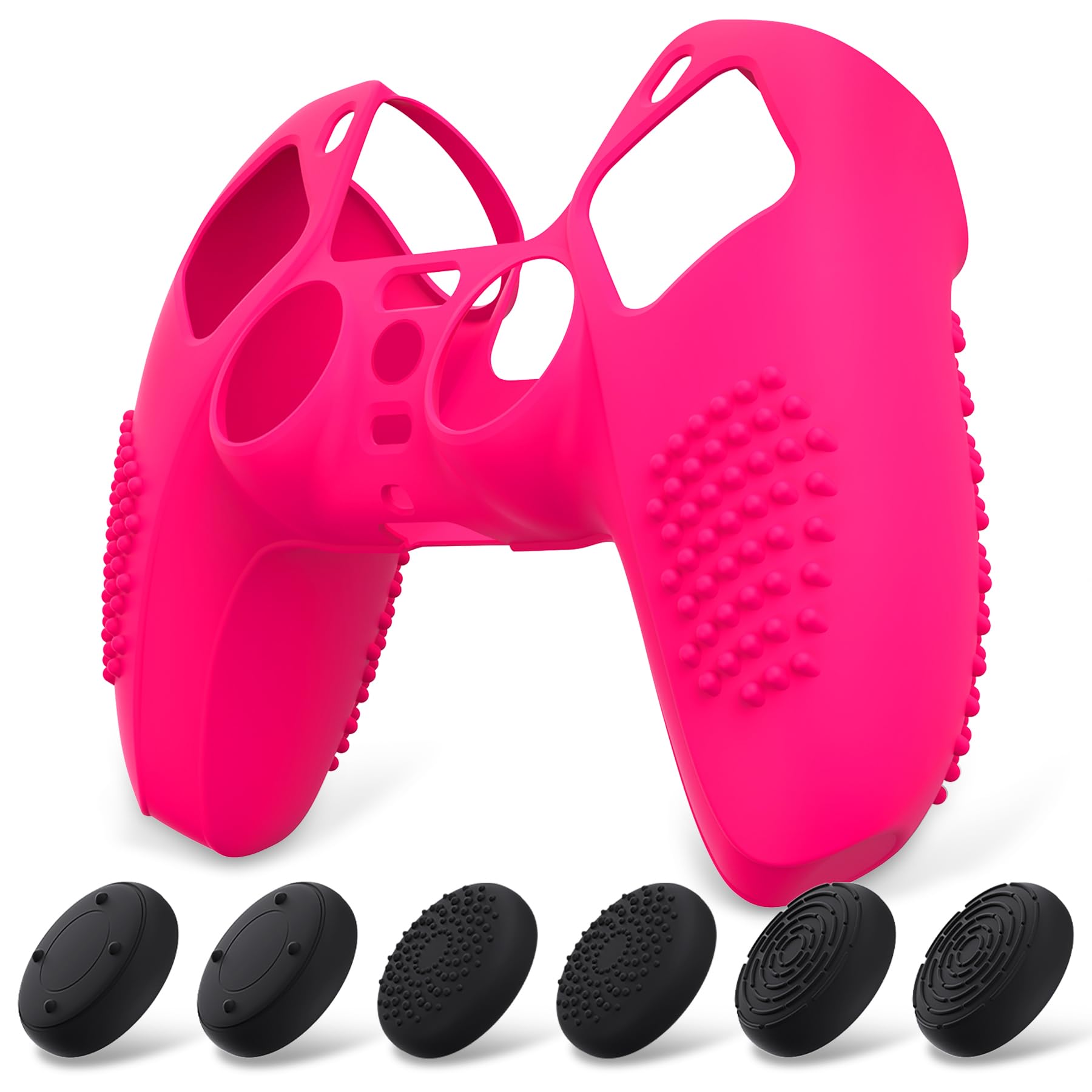 eXtremeRate PlayVital 3D Studded Edition Anti-Slip Silicone Cover Skin for ps5 Controller, Soft Rubber Case Protector for ps5 Wireless Controller with 6 Black Thumb Grip Caps - Bright Pink - 3