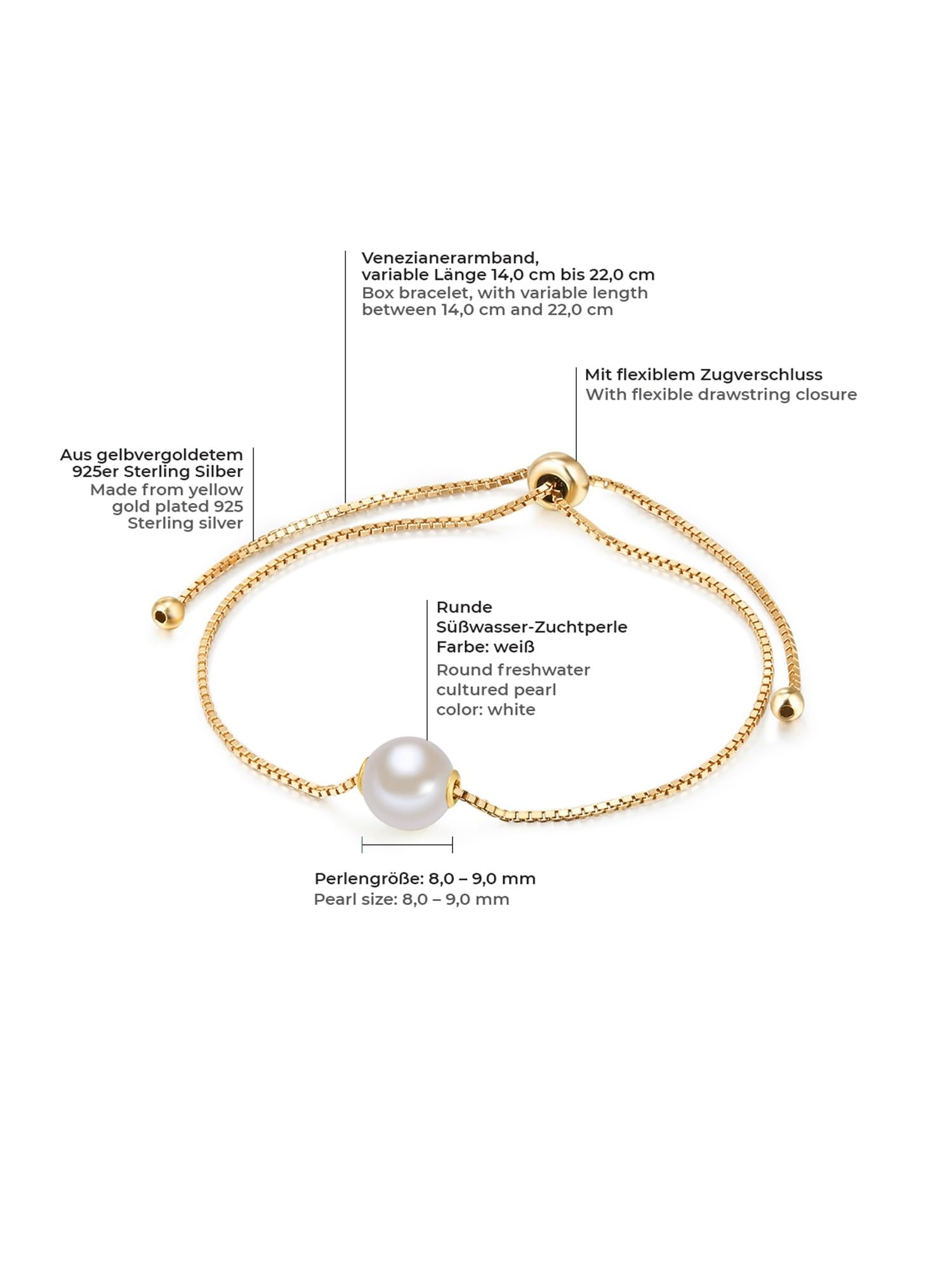 Valero Pearls Damen Armband 925/- Sterling Silber gelbgold | gelbvergoldet 14 Karat, Venezianerarmband, Süßwasser-Zuchtperle, ca. 8,0 - 9,0 mm, weiß, rund, Zugverschluss
