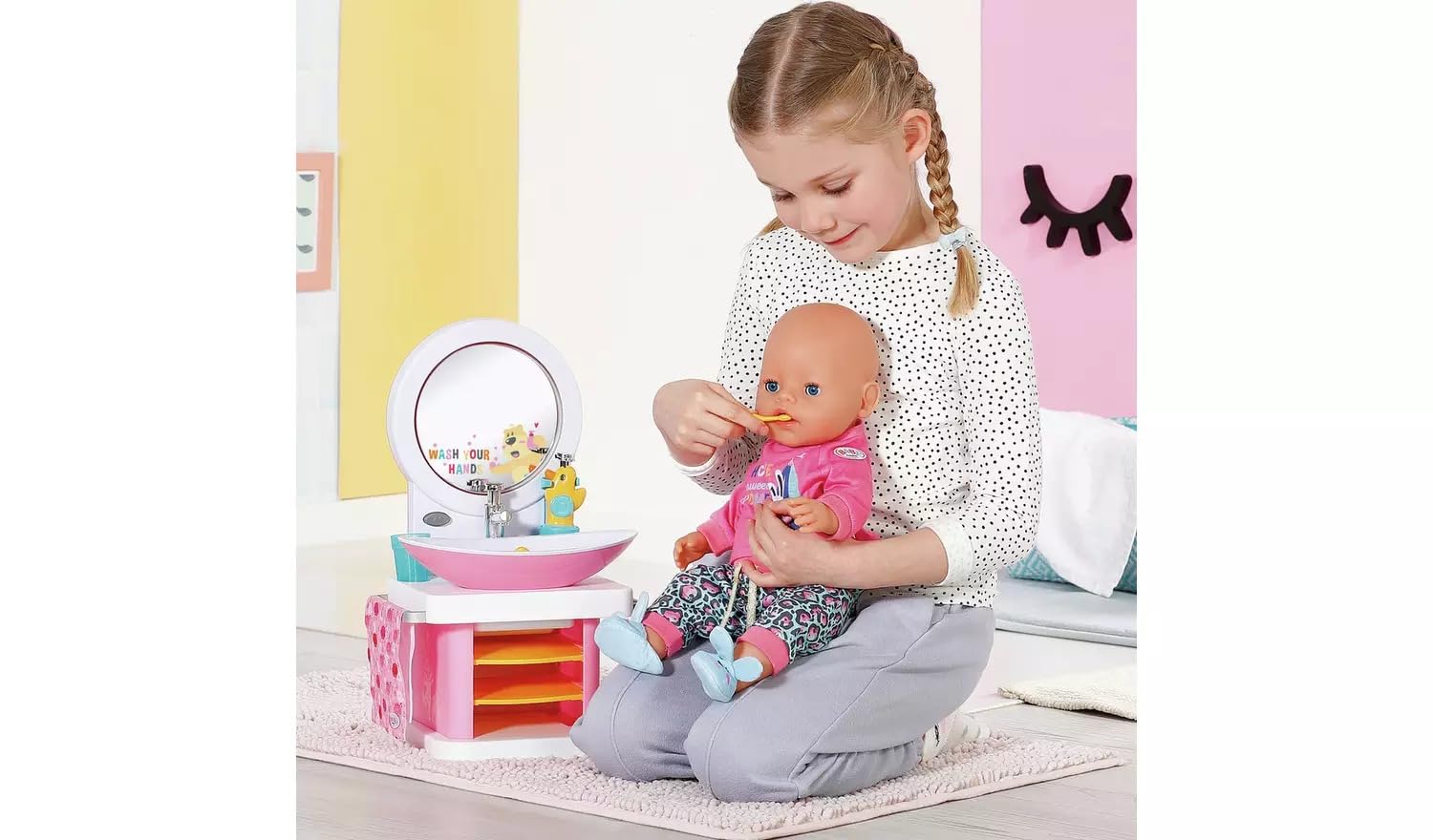 BABY born Umywalka łazienkowa, interaktywna umywalka dla lalek z funkcją oświetlenia i dźwięku, szczoteczka do zębów, kubek do mycia zębów, dozownik mydła i ręcznik, 832707 Zapf Creation