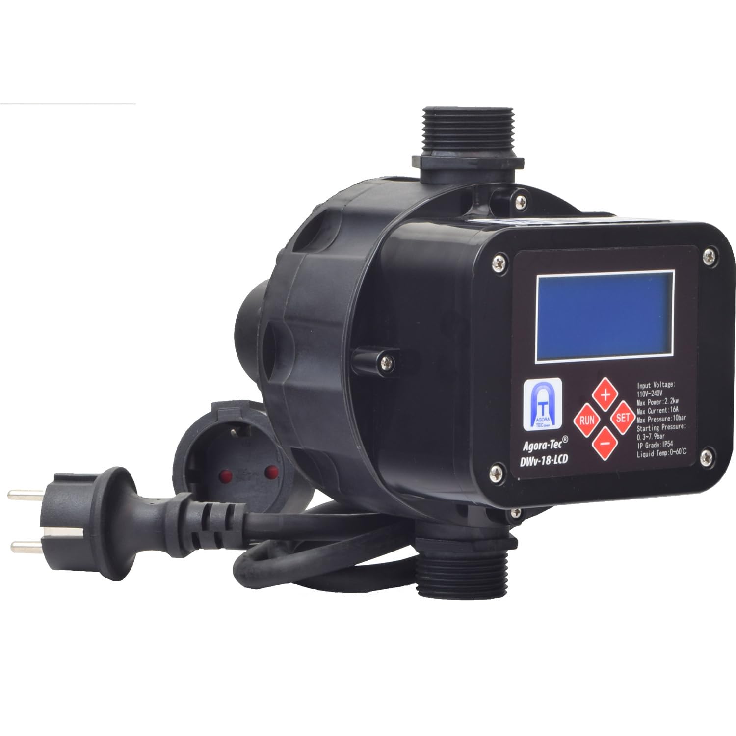 Agora-Tec Control de bomba DWV-18-LCD interruptor de presión protección de flujo protección contra funcionamiento en seco