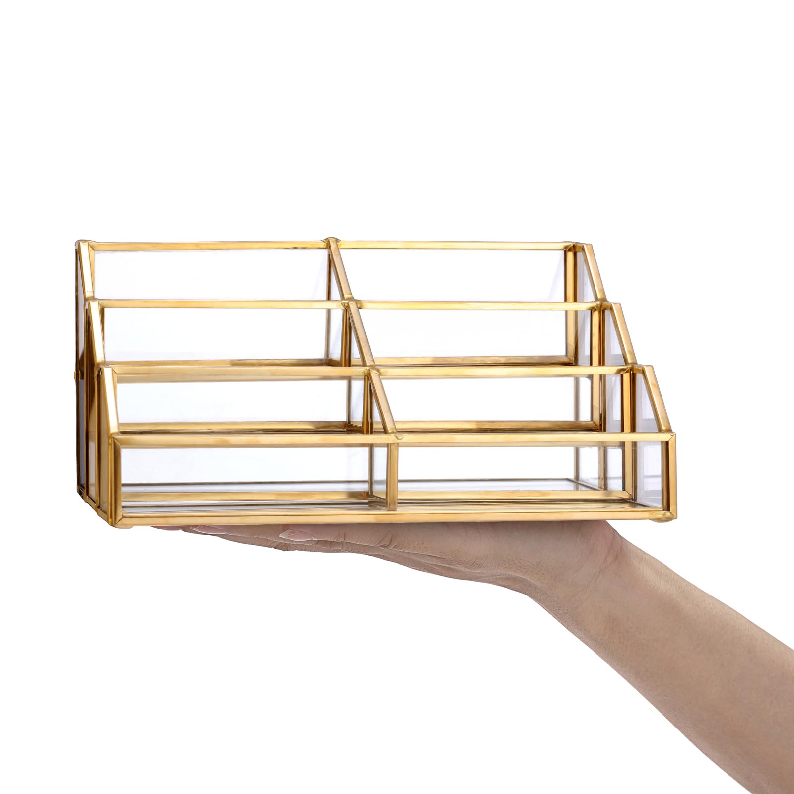 Hipiwe Soporte de cristal para tarjetas de visita de metal dorado, 6 ranuras