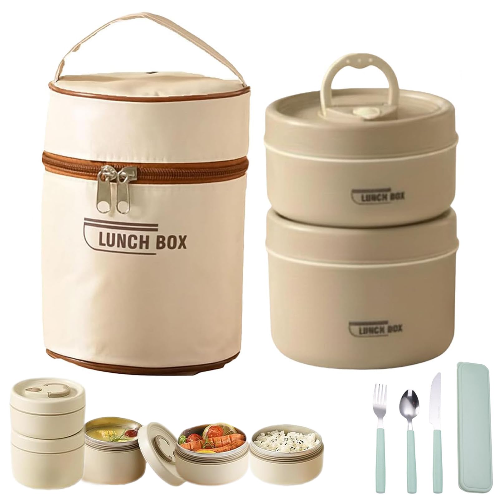 Portable Insulated Lunch Container Set, 4 Tier Separate Stackable Stainless Steel Lunch Container with Insulated Lunchs Bag, Bento Box Hot Food Lunch Containers to Microwave (Brown, 2-Tier)