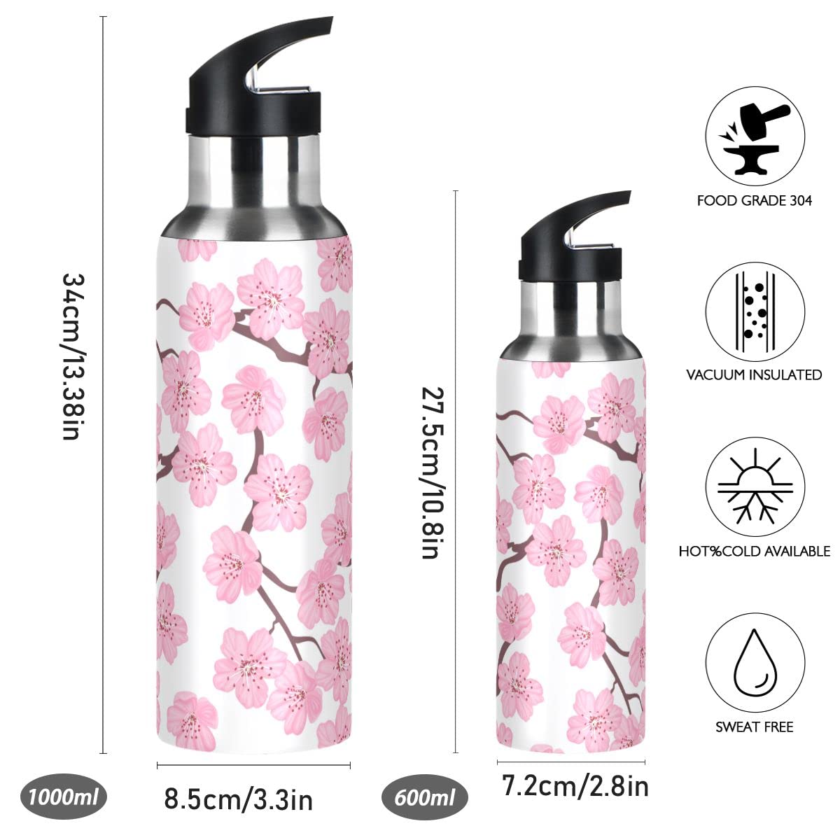 Edelstahl-Wasserflasche mit Strohhalm, blühende rosa Sakura Frühling isolierte Trinkflasche Sport Wasserflasche für Kinder Erwachsene, auslaufsicher, 1L