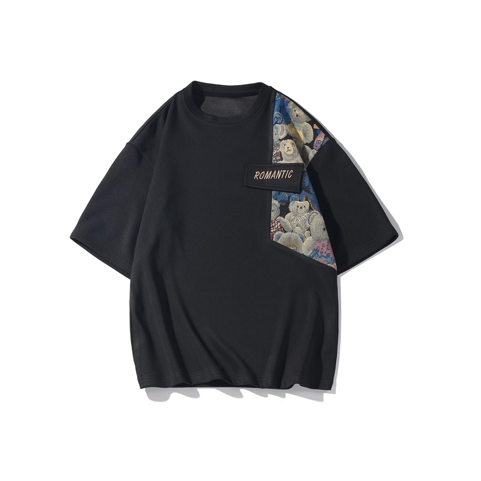 GMOYDMens Embroidery T Shirt Crewneck Short Sleeve Shirts Patchwork Baggy Tees Tops