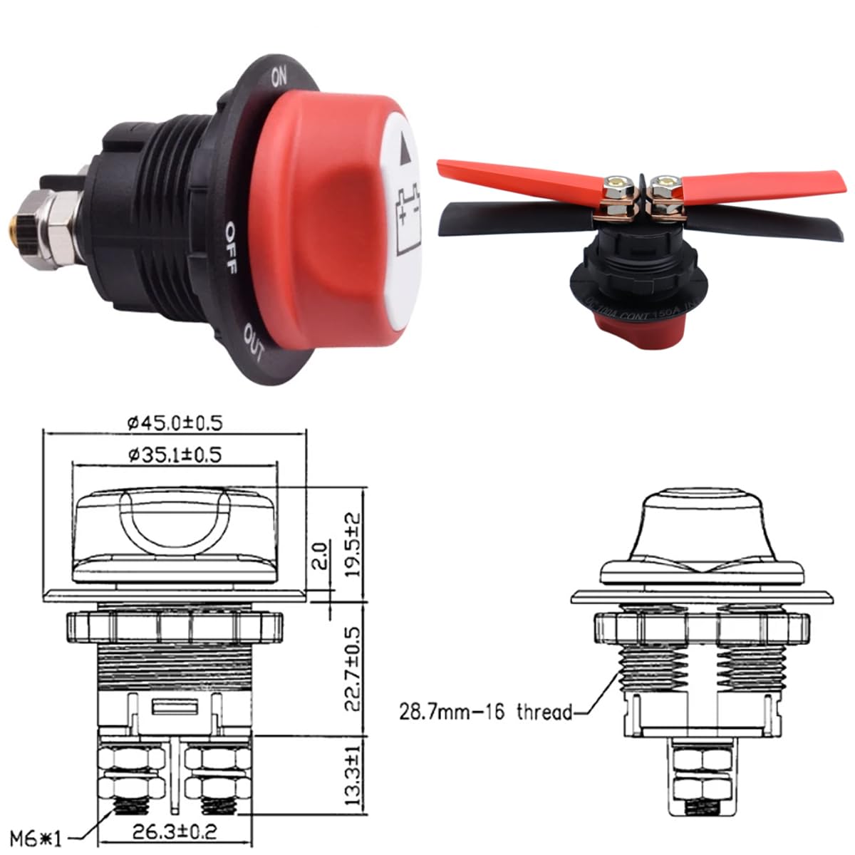 Yvyan Auto-accu-scheidingsschakelaar, hoofdschakelaar, 100 A, 12 V, 24 V tot 32 V, ON-Off inbouw-stroomschakelaar voor motorfiets, vrachtwagen, boot