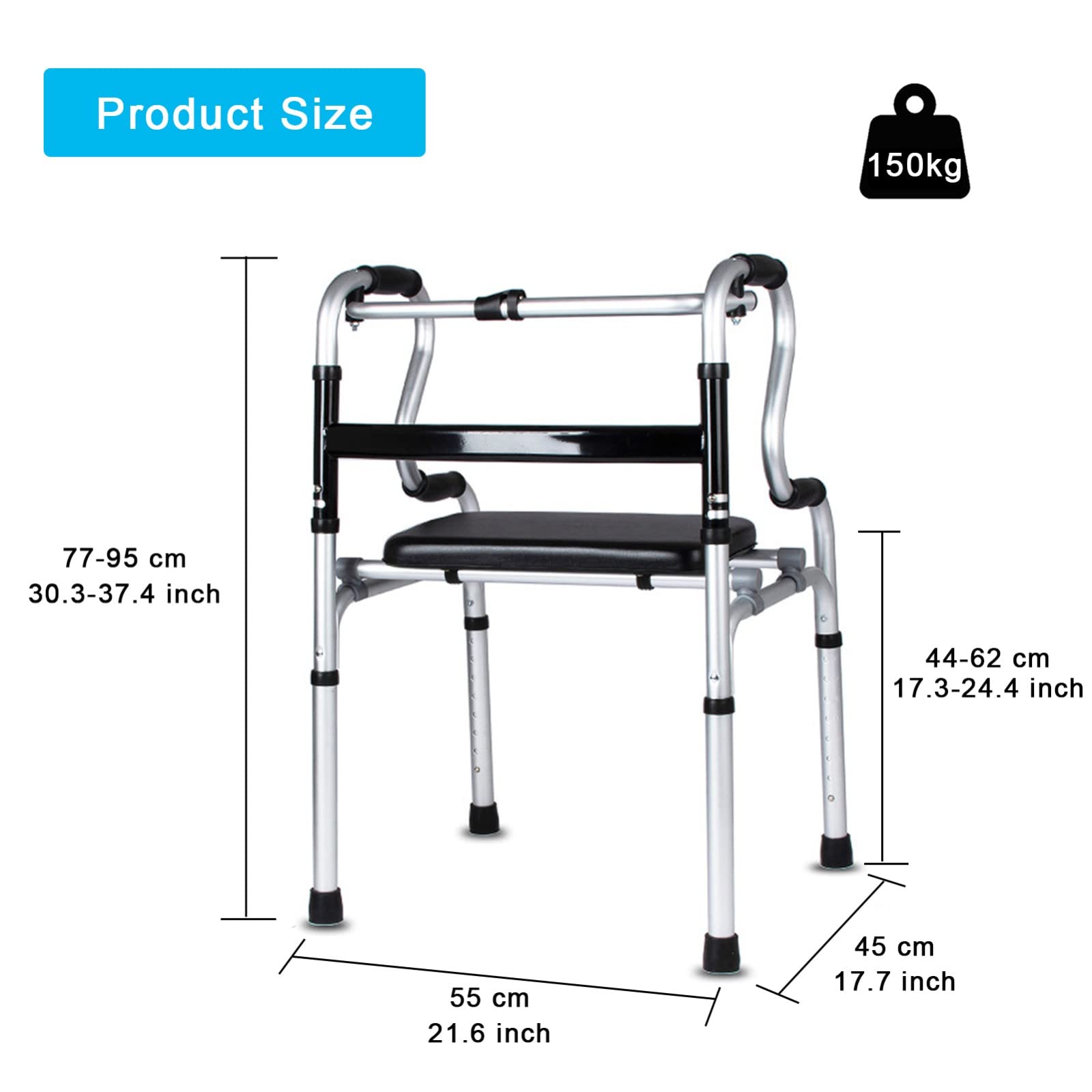 Andador con Asiento para Ancianos,Andador para Ancianos,Caminadores para Mayores,Andadores con Asiento,Andadores Adultos Plegable,Altura Ajustable,hasta 150 Kg