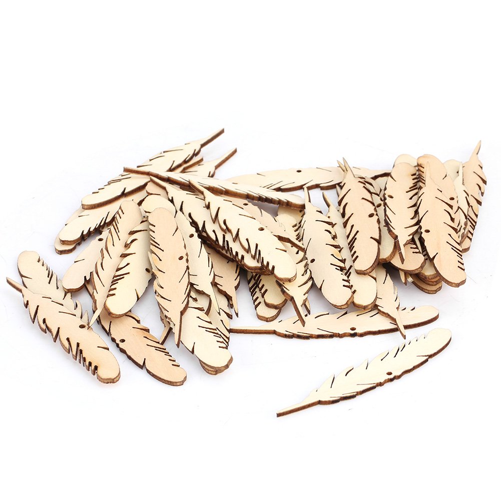 Natural Wooden Feather Shape Slices, 50 Pieces, Craft Embellishments for Scrapbooking Card Making, Wedding Decorations