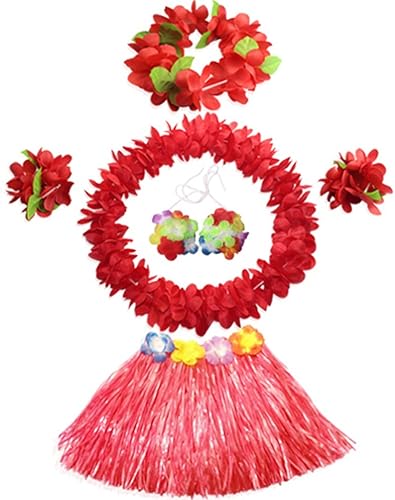 Fighting to Achieve Conjunto de disfraz de falda de hierba roja hawaiana de 11.8 in para niñas