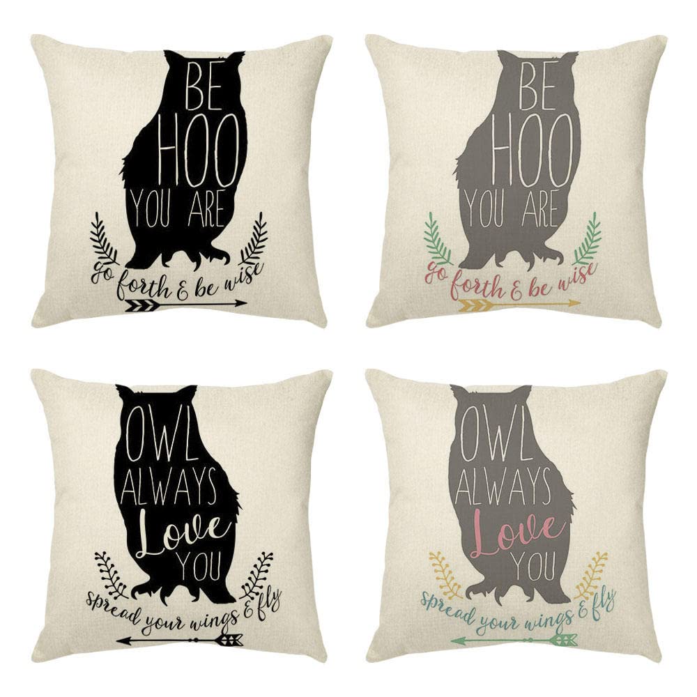 4 Piezas Funda de Almohada 65x65cm Búho Negro Claro Fundas de Cojín Terciopelo Sencillo y Decorativo para Sofá Camas Dormitorio Coche Lino Cojines Throw Pillow Covers （26x26in）