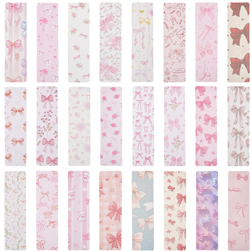 SOFPLATE 72Pcs 24 Styles Pink Bow Bookmark Coquette Book Marks Paper Aesthetic Rectangle Bowknot Tie Flower Floral Pattern Page Bookmarkers for Reading Bookworms Student Teacher Back to School Gift