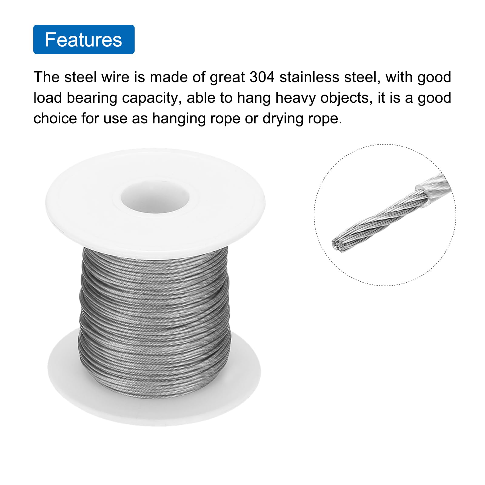 QUARKZMAN 100 ft (30 M) 304 3/64" (1 mm) powlekany winylem z 10 szt. aluminiowych rękawów do wieszania, suszarki, przezroczystej podnoszenia