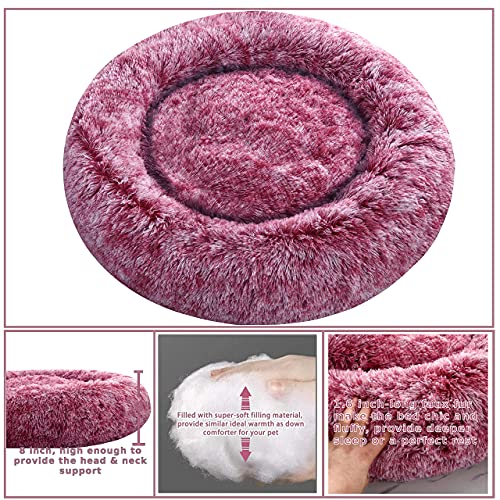 Comlax Beruhigende Donut Hundebetten Großer, Rundes Kissen mit abnehmbarem waschbarem Bezug, Anti-Angst-Kunstfell-Kuscheltier, Flauschiges, bequemes, pelziges Haustierbett (70cm, Rosa)