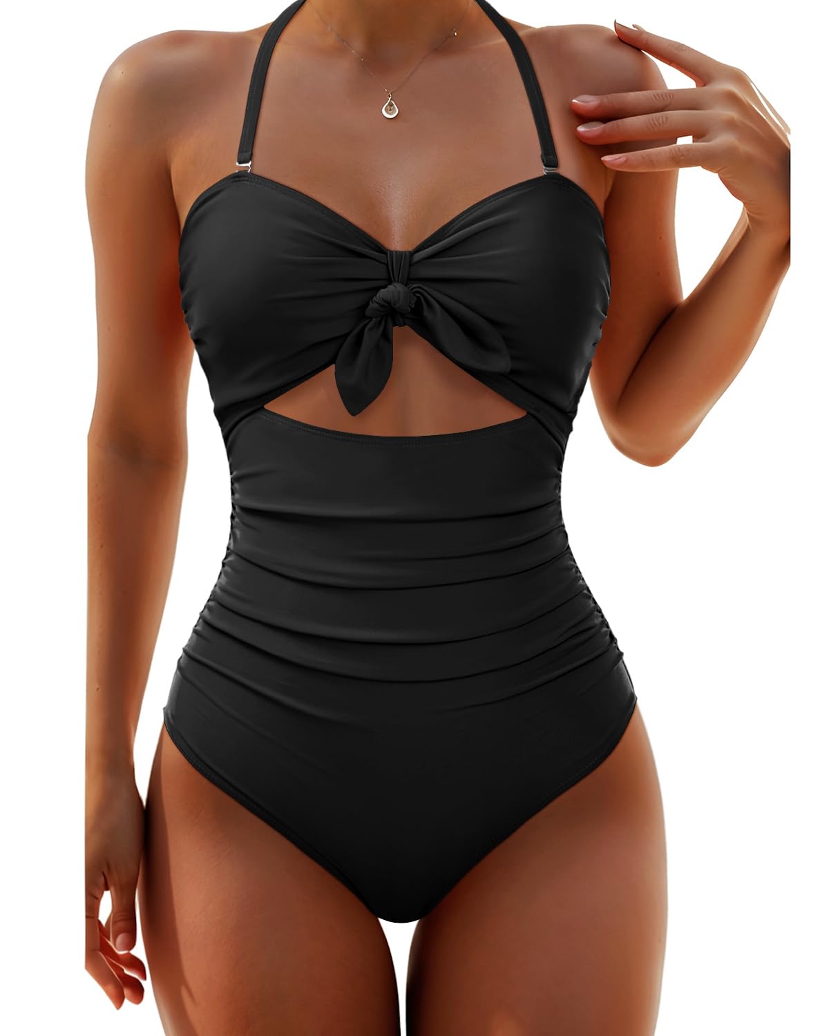 Women Sexy Cutout One Piece Swimsuits Tummy Control High Waisted Halter Front Tie Knot Bathing Suit
