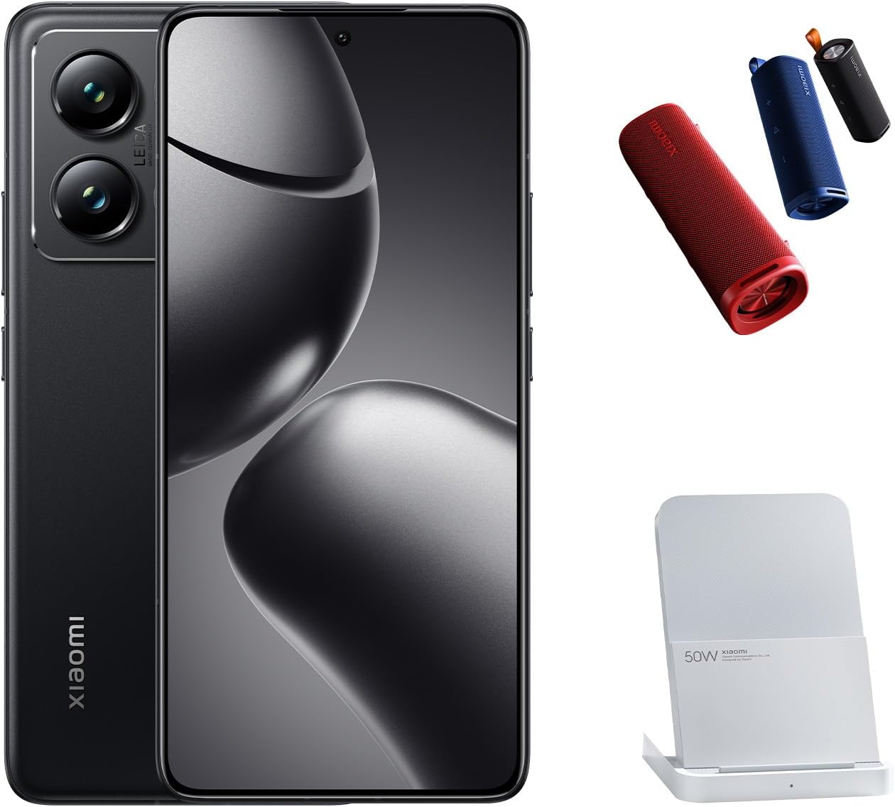 Front and back view of the XIAOMI 14T Pro smartphone in Titan Black, showcasing its display and camera module.