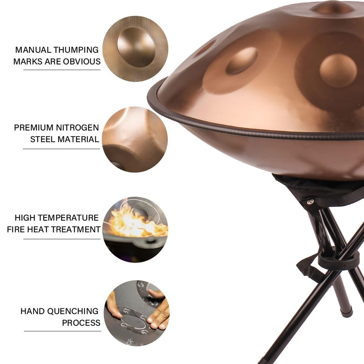 Handpan 9/10/12 note Tamburo a Mano in acciaio con borsa, decorazione corda e bacchette per meditazione, yoga, strumento professionale a percussioni 432Hz/440Hz(Black,10 Notes/440Hz)