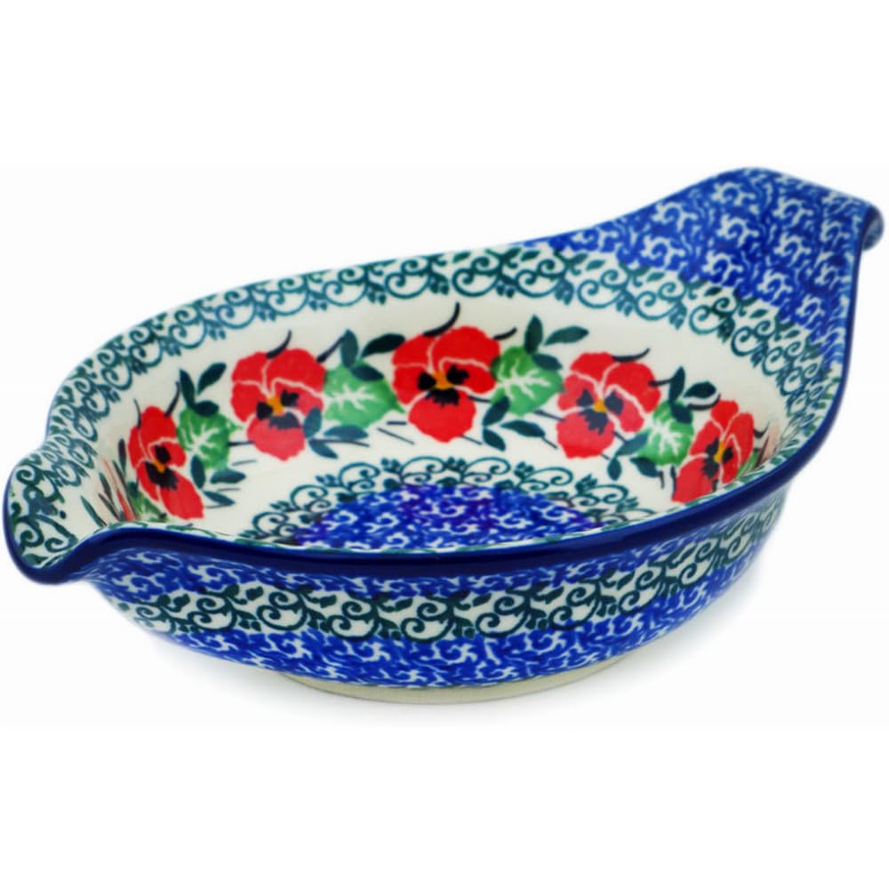 Authentic Polish Pottery Condiment Dish in Red Pansy Design Handmade in Boles?awiec Poland by Ceramika Artystyczna + Certificate of Authenticity