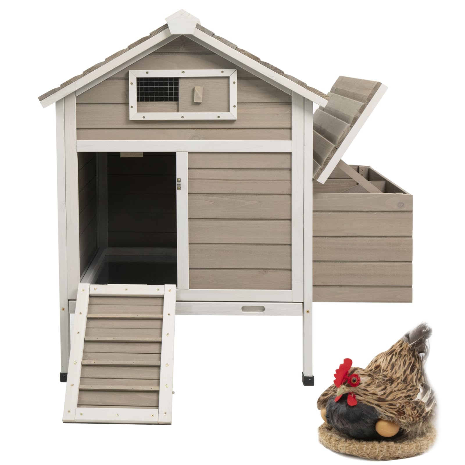 PetsCosset 32" Chicken Coop Wooden Hen House for 1-3 Chickens,Outdoor Poultry Cage with Pull Out Tray,Garden Backyard Chicken Coops Cages with Nesting Box，Chicken Houses Hen Cage with Ramp Run,Grey