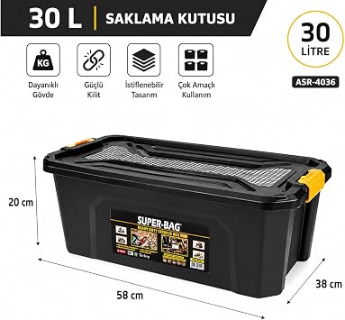 Super Bag 30 L Kapaklı Saklama Kutusu, Ağır Hizmet Plastik Depolama Kutusu, Çok Amaçlı Eşya Düzenleme ve Saklama Kabı, İstiflenebilir Dayanıklı Kutu, Ev Garaj Depo Kullanımı, ASR-4036