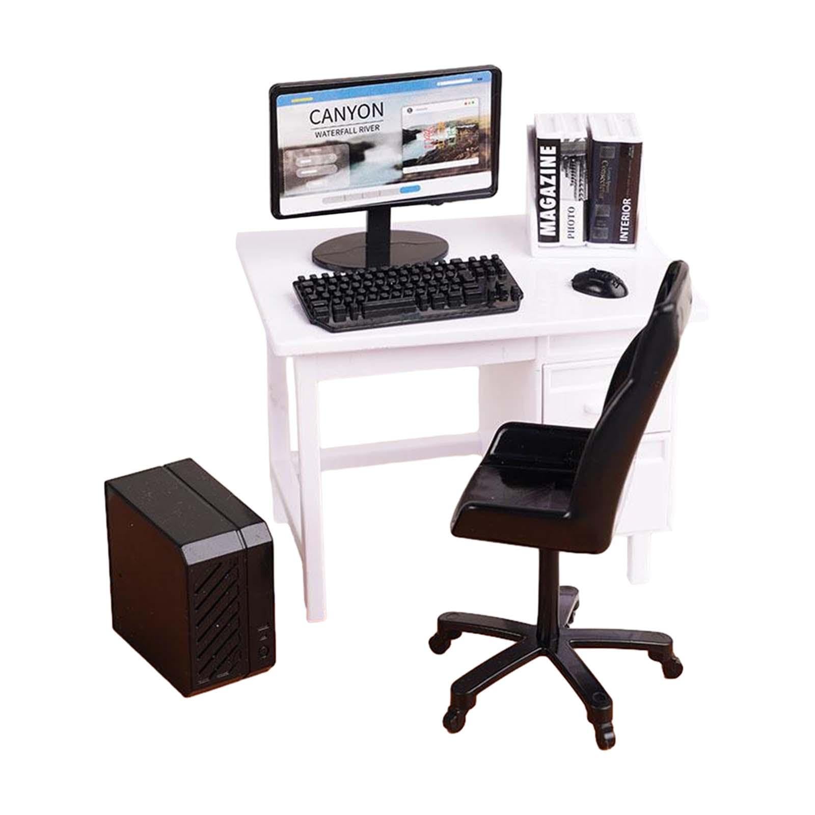 DYNWAVE 1/12 Miniature Computer Desk and Chair Mini Office Desk Chair Set with Keyboard Model for DIY Projects Decoration Accessories, White