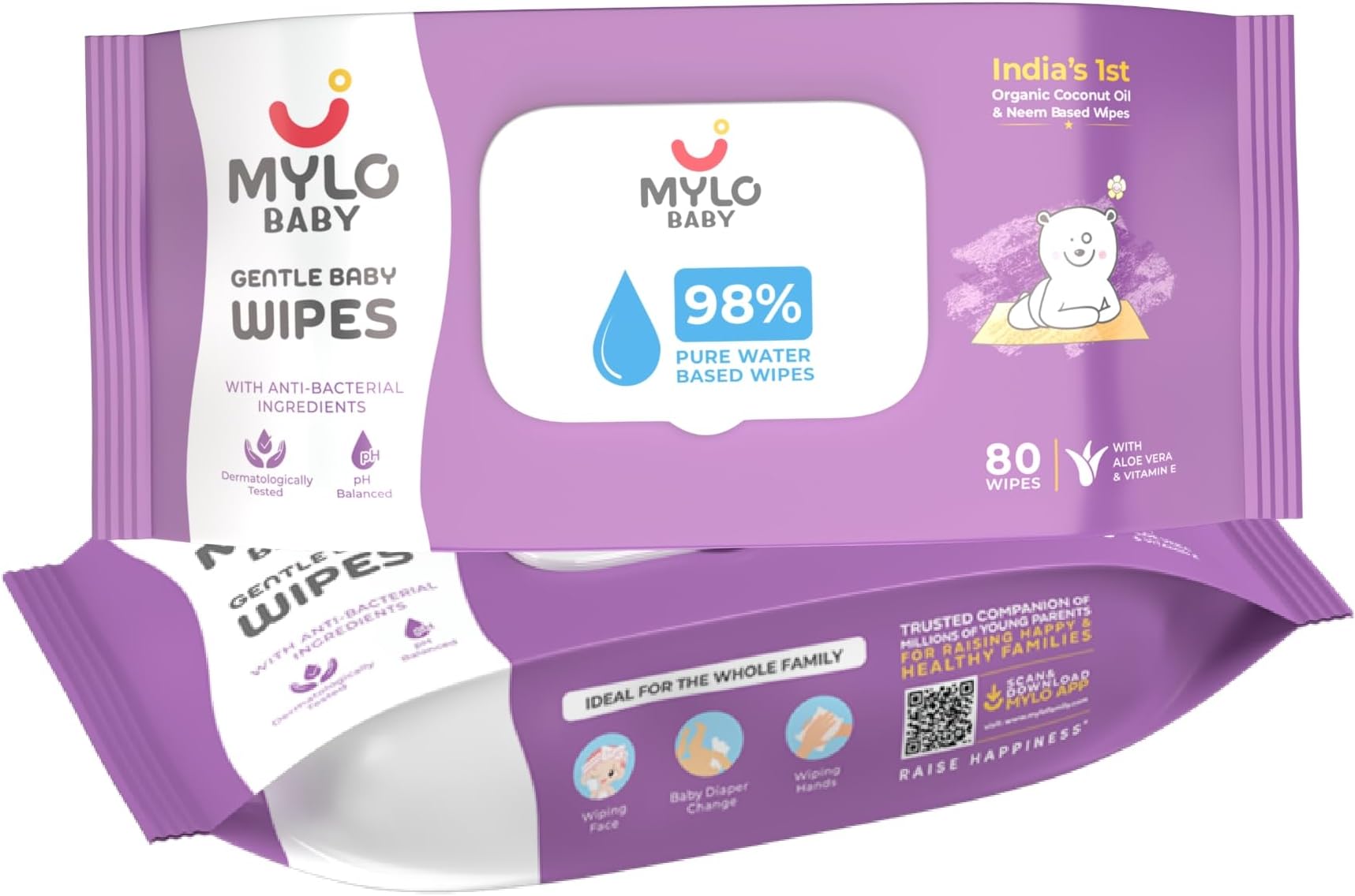 MYLOCare Baby Wipes with Organic Coconut Oil & Neem (80 Wipes) Ideal for Your Baby's Everyday Skin Care Routine (With Lid-2)