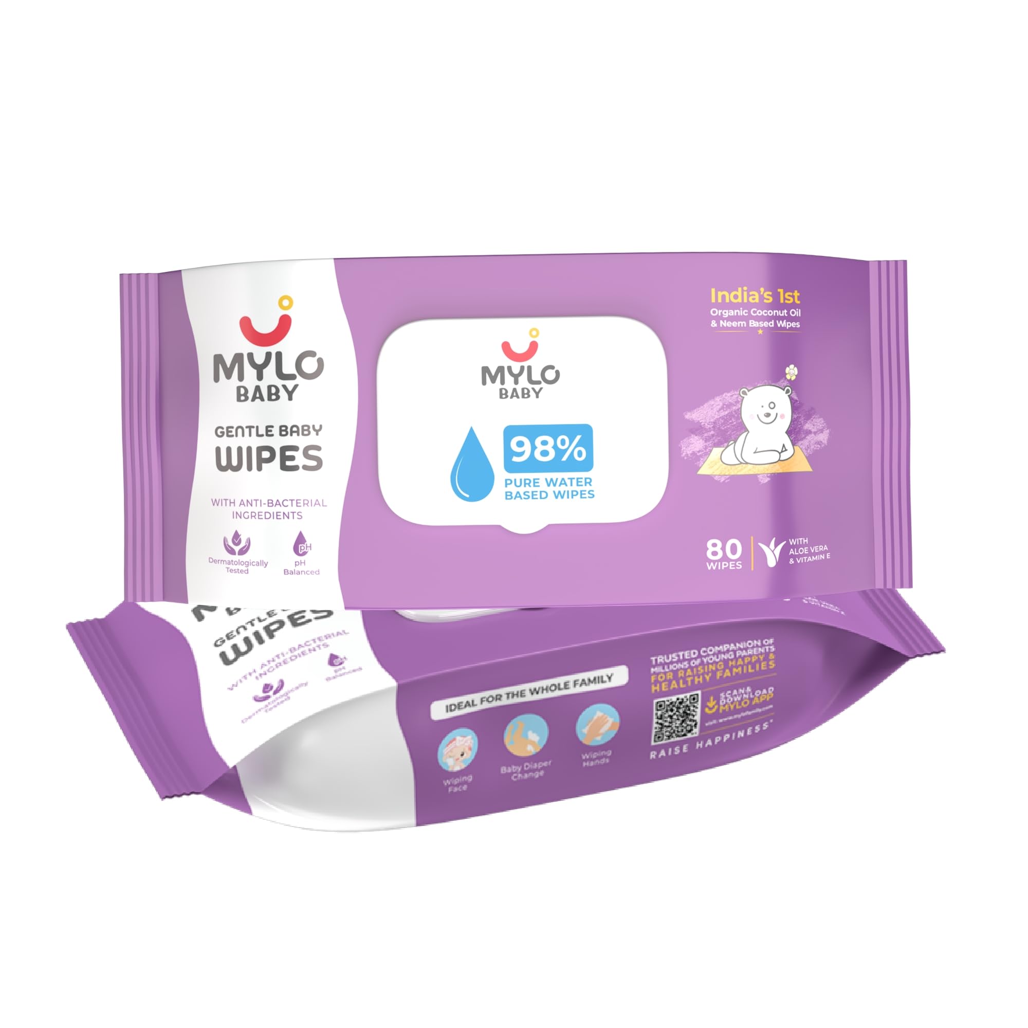 MYLOCare Baby Wipes with Organic Coconut Oil & Neem (80 Wipes) Ideal for Your Baby's Everyday Skin Care Routine (With Lid-2)