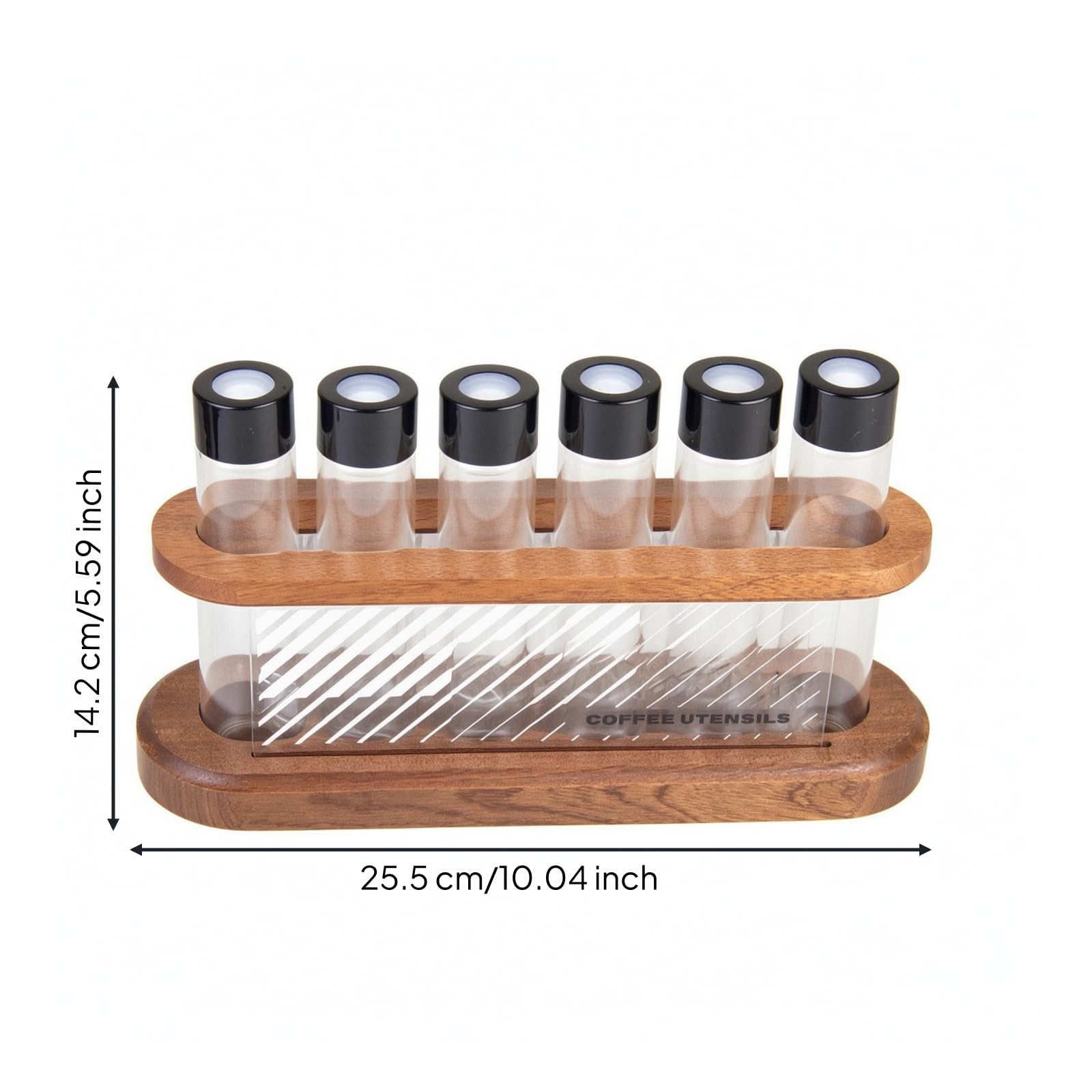 Rangement de Grains de Café Distributeur Rack Organisateur Présentoir Support avec Six Flacons Transparence Accès Visuel Base en Bois Style Chaleureux Convient à la Maison, style to 1