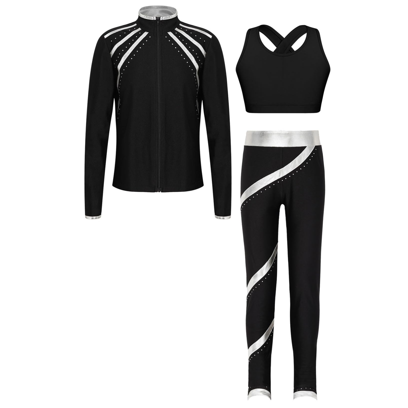 Oyolan Ensemble Veste Patinage Artistique et Pantalon Strass Brillant Tenue Gymnastique Danse 5-16 Ans Argenté 11-12 ans