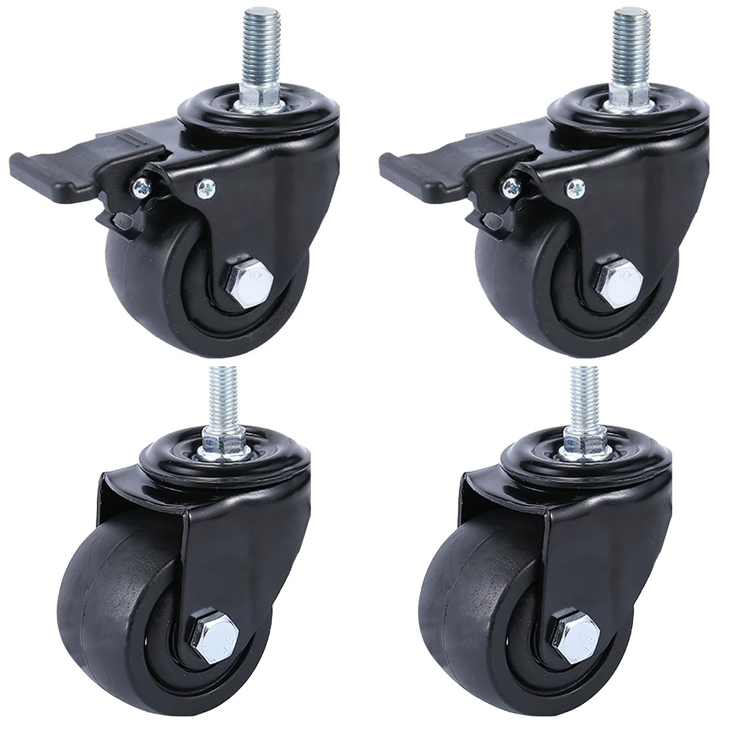 per carichi Pesanti 3" M12 16 Ruote con Perno filettato 360° Rotante Silenzioso Ruote 1600 lbs capacità di carico Set da 4 (2 Girevole + 2 con Freno) per Industriale Uso