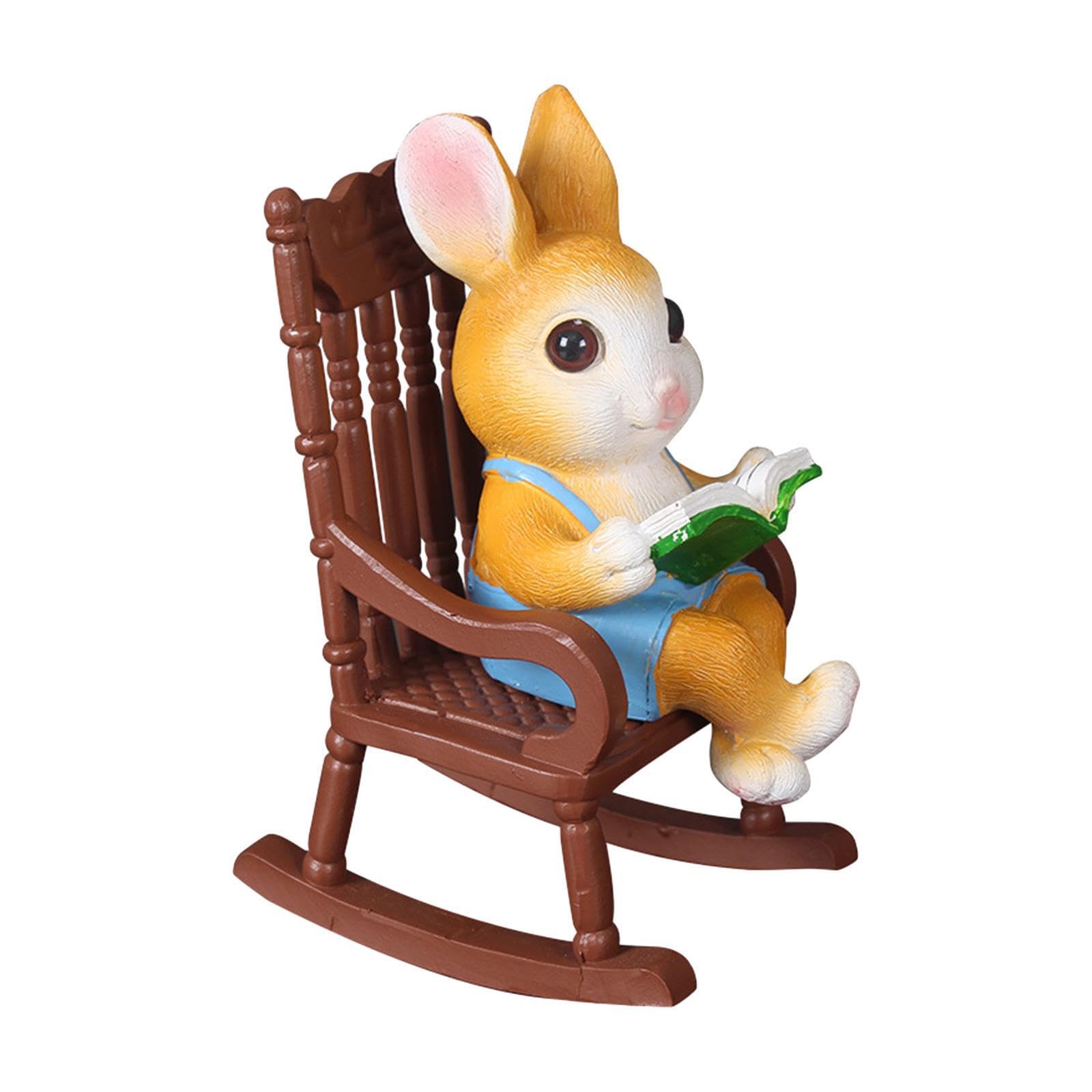 TWISAXC Lovely Rabbit Ornament Cartoon Bunny Statue Resin Figurine For Desktop And Shelf Decoration Cartoon Bunny Figurine Of Rabbit Sitting On Rocking Chair