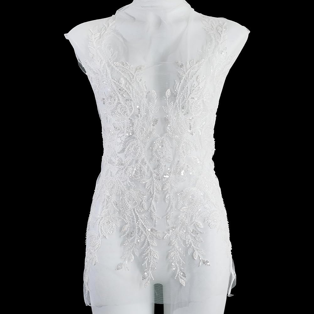 PH PandaHall 26x20 inch White Flower Lace Patch Beaded Sequined Lace Appliques, Flower Embroidery Lace Patches for Bridal Wedding Dress Gown Bodice DIY Clothing Decoration